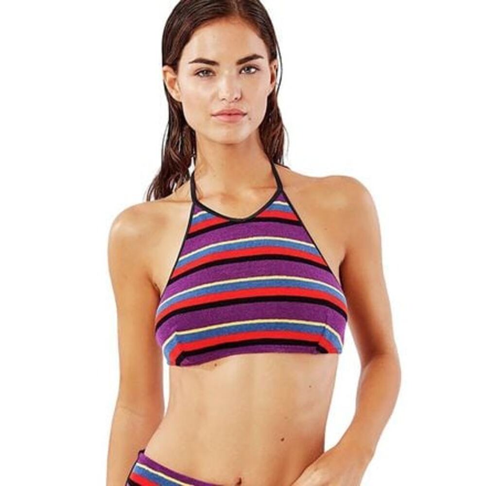 NWT Solid & Striped Demi Halter Bikini Top Grape Terry Stripe Medium‎